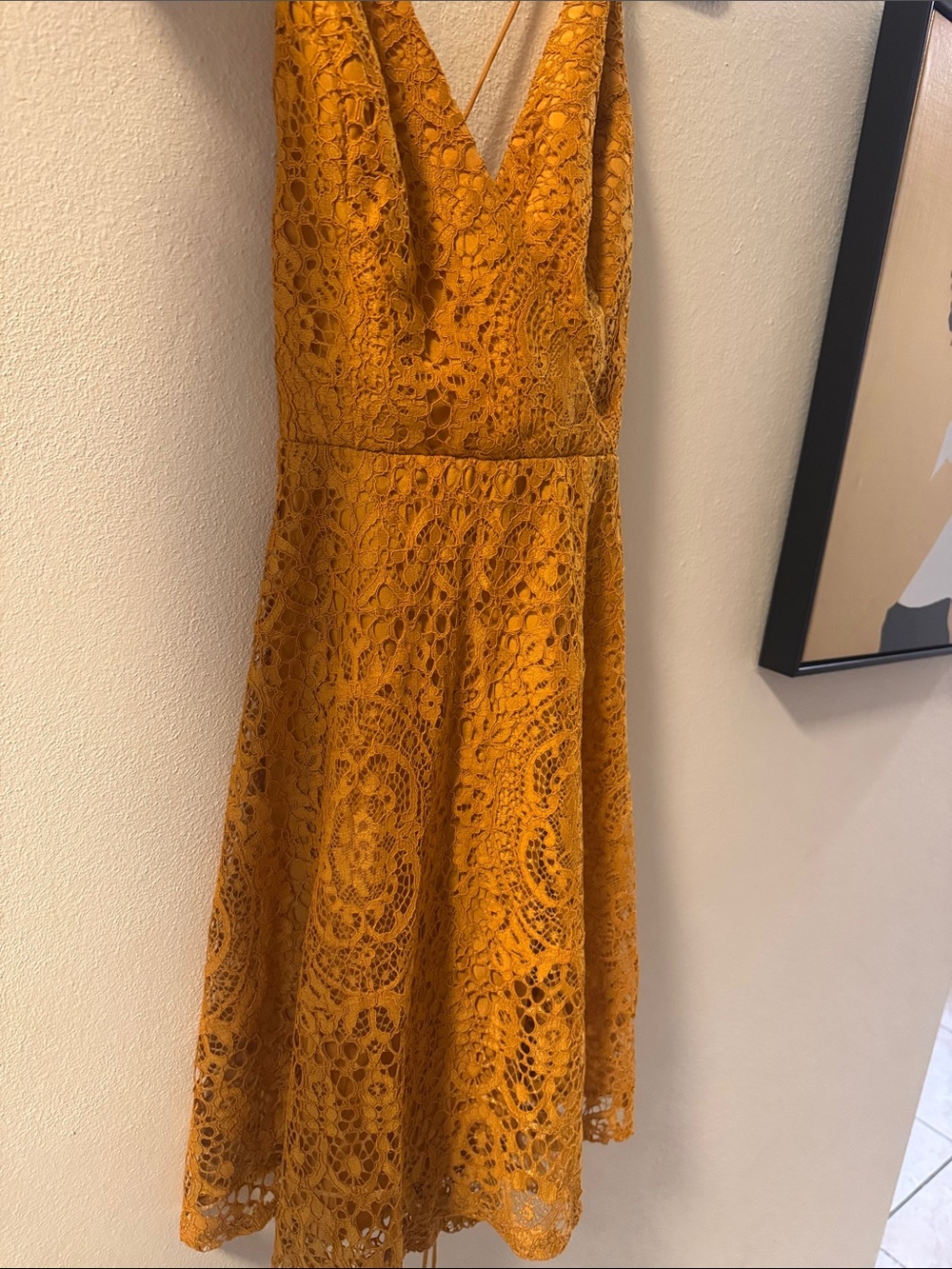 ASOS Mustard Lace V-Neck Midi Dress with Strappy Back